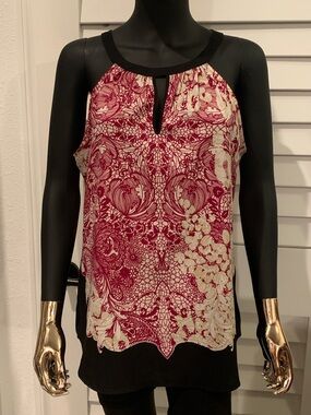 NY&Co Sleeveless Printed Keyhole Women's Top - Black and Burgundy